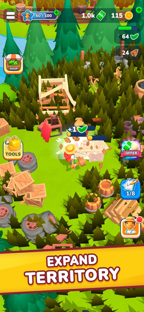 Little Farm Story: Idle Tycoon - Esta herramienta visualiza la expansión del terreno, mostrando cómo los personajes eliminan activamente obstáculos como maderas y rocas, revelando así la progresión en el aumento de la tierra cultivable.