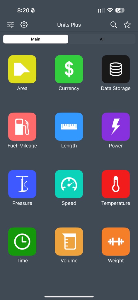 Unit Converter - Best Unit App - Discover the app's diverse conversion categories, clearly organized with colorful icons and easy navigation between 'Main' and 'All' tabs.