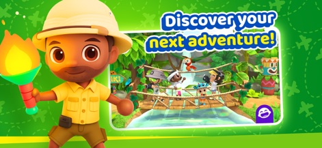 World Travel Stories - Airport - La aplicación invita a explorar lugares misteriosos, destacando el explorador con una antorcha y un grupo de personajes en un puente de madera sobre un río.