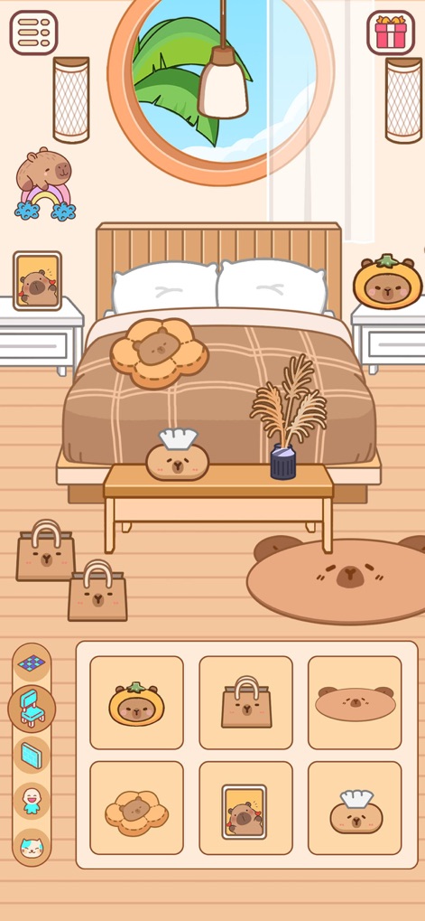 Love Home: Cute Life Sim Games - Dieses Tool bietet die Möglichkeit, Räume mit beruhigenden Farbschemata und einzigartigen Akzenten zu personalisieren, darunter der runde Fensterblick und der gemütliche Bären-Teppich.