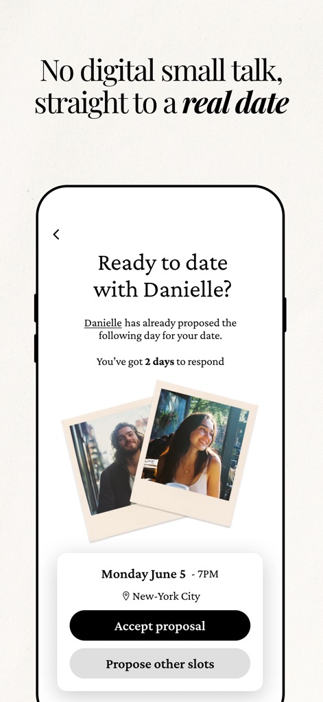Amata: Matchmaking Club - The app streamlines the dating process by showing a clear date proposal with partner photos and details like "Monday June 5 - 7PM" and offering "Accept proposal" or "Propose other slots" options.