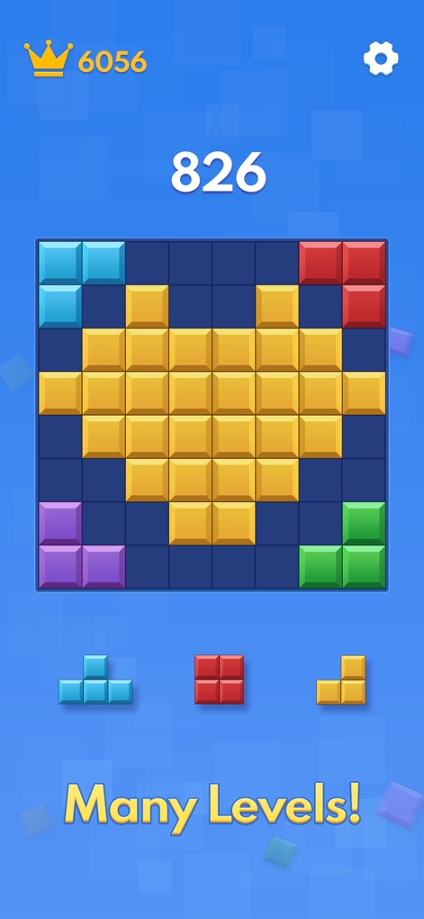 Block Blast - Top Block Puzzle - See how Block Blast - Top Block Puzzle presents intricate block patterns for completion and highlights the varied level challenges with a "Many Levels!" banner.