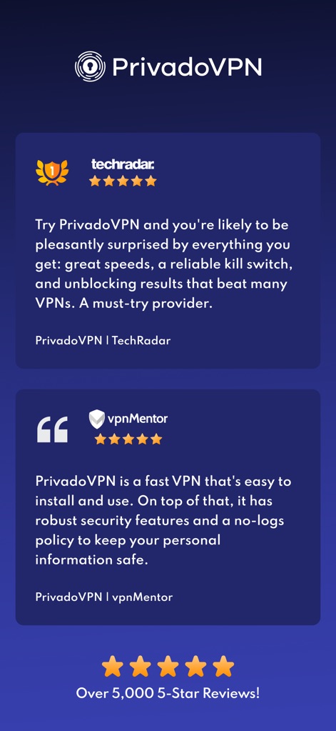 PrivadoVPN Fast VPN and Proxy - A tela apresenta avaliações positivas de especialistas, incluindo a análise da "techradar" com 5 estrelas e o reconhecimento da "vpnmentor", destacando a reputação do aplicativo.