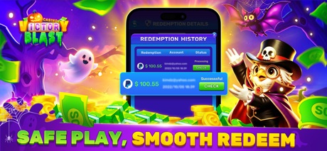 Victory Blast Casino App Store screenshot 1, headline “SAFE PLAY, SMOOTH REDEEM”. Purple.