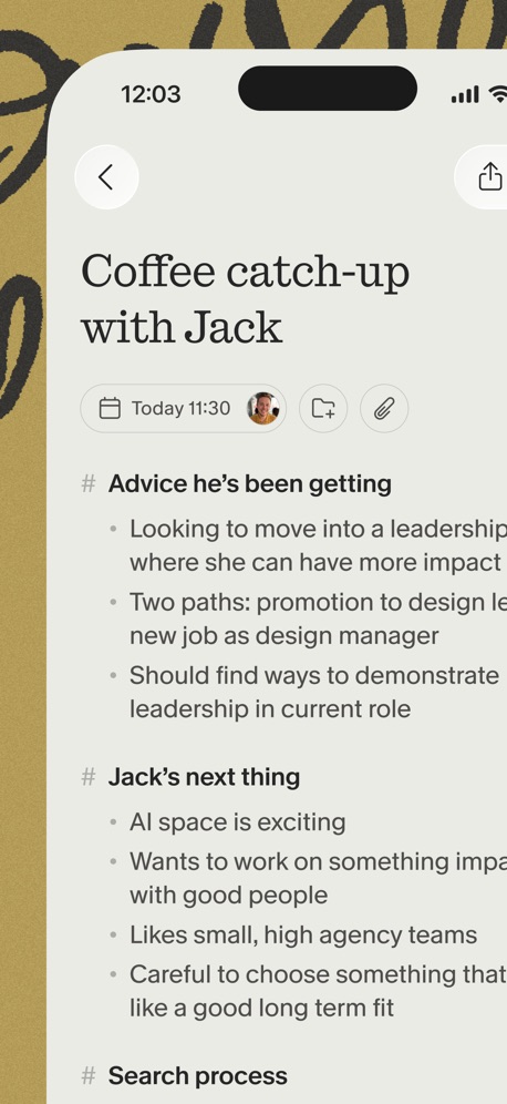 Granola - AI Meeting Notes App Store screenshot 3, no headline. Orange.