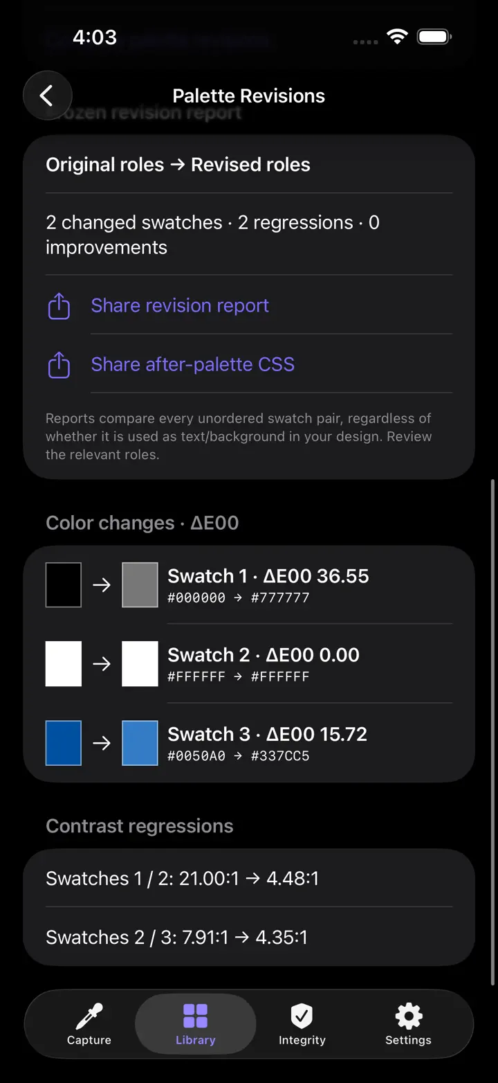 The Hue vault: Color Palette iPhone 6.7" screenshot 3: OKLCH palettes & design tokens