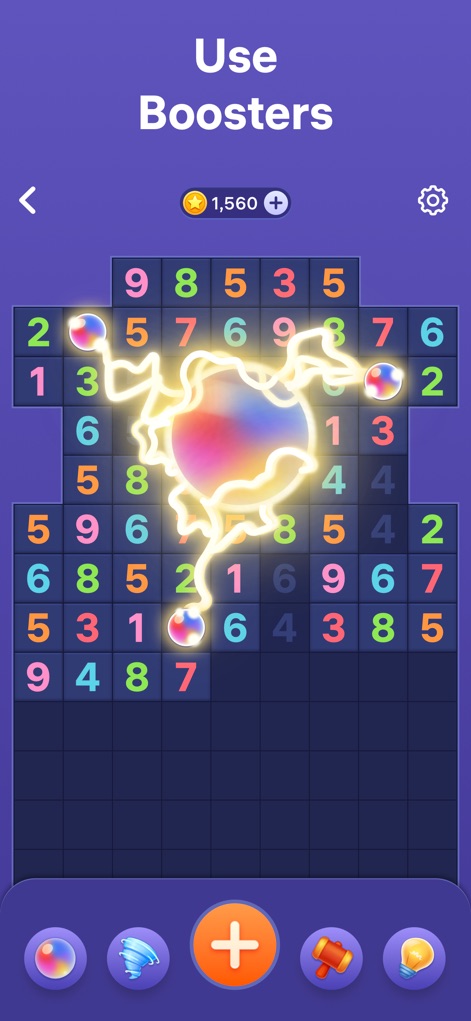 Number Tiles - Match Numbers - A imagem exibe o impacto dos boosters no jogo, evidenciando o uso do 'Bubble' para criar uma explosão colorida no tabuleiro, e os ícones de boosters disponíveis na parte inferior da tela.