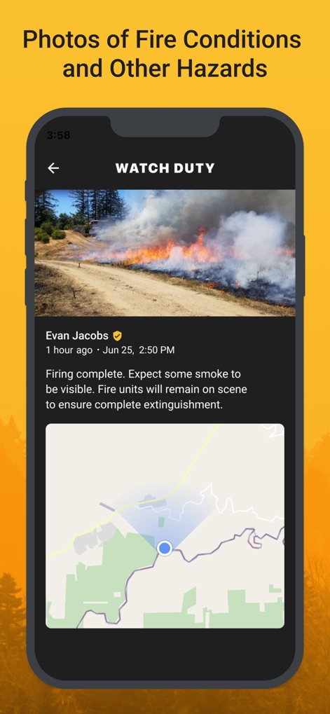 Watch Duty: Wildfire Maps - 本ツールは、現場からの最新の火災状況を示す写真を共有し、その写真が撮影された正確な位置をミニマップで提供することで、ユーザーに視覚的な情報をもたらします。