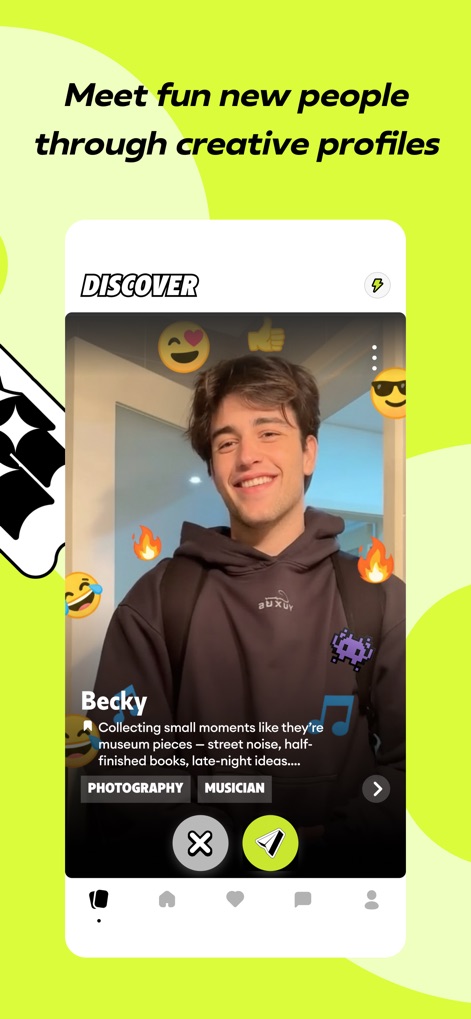 Romi: Make Friends, Have Fun - The app allows users to discover new people through creative profiles, showcasing interests like 'Photography' and 'Musician', and connect with the easy swipe interface.