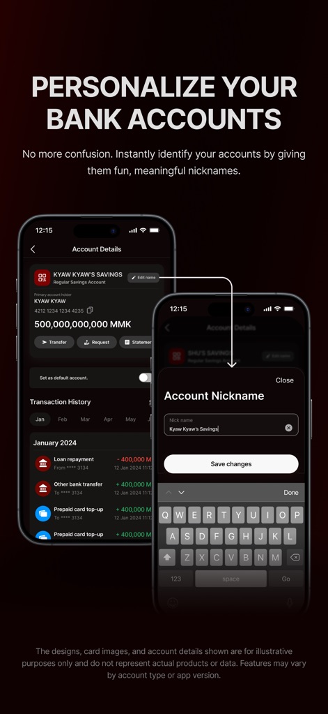 AYA Mobile Banking - Dieses Feature ermöglicht es Nutzern, ihre Bankkonten mit individuellen Spitznamen zu versehen, dargestellt durch das 'Account Nickname'-Eingabefenster, während die 'Transaction History' einen detaillierten Überblick über alle Bewegungen bietet.