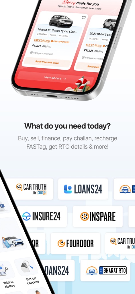 CARS24® – Sell & Buy Used Cars - Discover the comprehensive service hub, prominently displaying the 'What do you need today?' prompt and offering distinct sections for 'LOANS24' and 'INSURE24'.