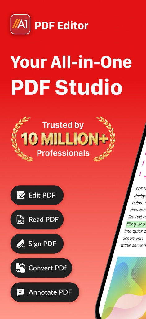 PDF Editor: Read, Scan & Sign - This introductory screen showcases the app's comprehensive capabilities, highlighting its "Trusted by 10 Million+ Professionals" endorsement and direct access to key functions like "Edit PDF" and "Sign PDF".