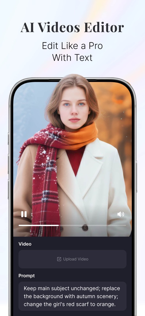 Pollo AI - AI Video Generator - Modifiez vos vidéos avec des prompts textuels précis, permettant de changer le "paysage d'arrière-plan" ou de modifier la couleur du "foulard rouge" de manière contextuelle et efficace.