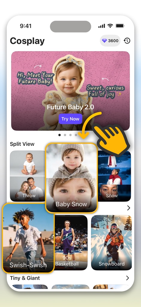 Cosplay: Future Baby Generator - Get an overview of the app's versatile Cosplay features, presenting a wide range of AI transformation categories and an interactive tile-based selection interface.