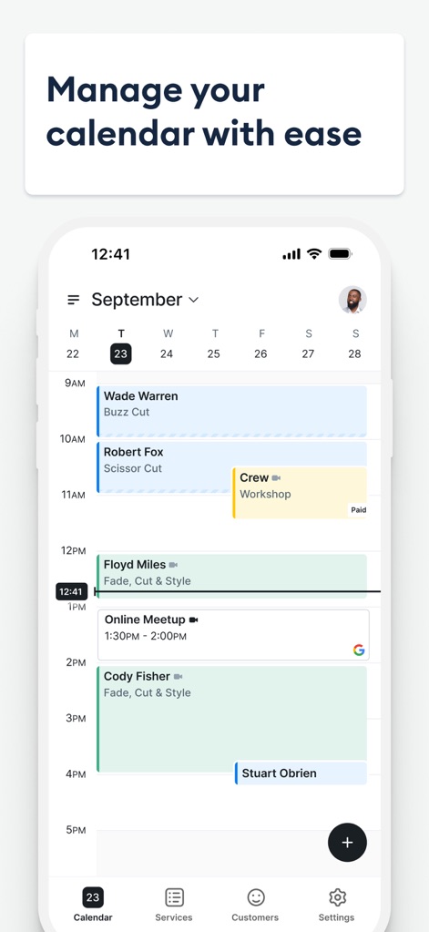 Setmore Appointment Scheduling - Users can effortlessly manage their day with clearly defined appointment blocks for clients like Wade Warren and Robert Fox, complemented by quick access to services and customer information through the app's navigation.