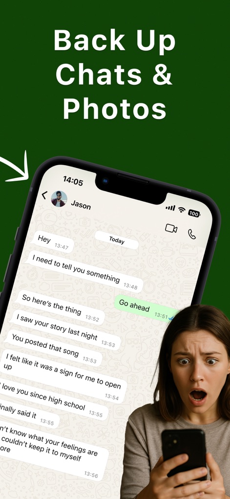 Recover Deleted Message - WARB - Esta captura muestra cómo los usuarios pueden respaldar sus chats y fotos, con una conversación detallada en pantalla y la expresión de asombro de una persona que enfatiza la importancia de no perder datos.