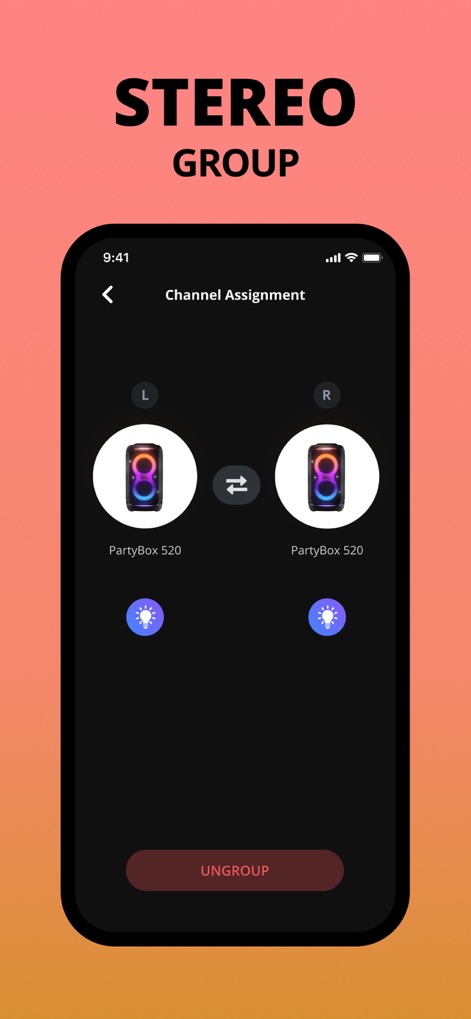 JBL PartyBox - Die App erlaubt das Gruppieren von zwei Lautsprechern zu einem Stereosystem, erkennbar an den Beschriftungen "L" und "R" für die Kanalzuweisung und dem "UNGROUP"-Button.