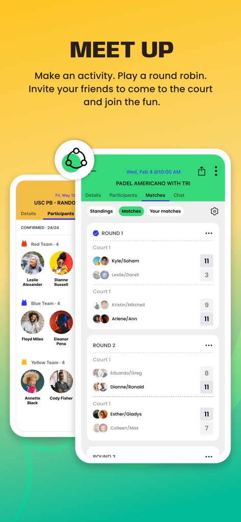 Reclub - Social Sports Nearby - This tool simplifies event coordination, showcasing clear team breakdowns like 'Red Team' and 'Blue Team' in the participants tab, alongside detailed 'Matches' results for round robins.