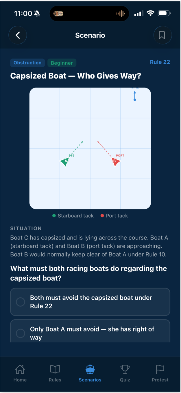Interactive right-of-way scenario with a boat diagram and answer options