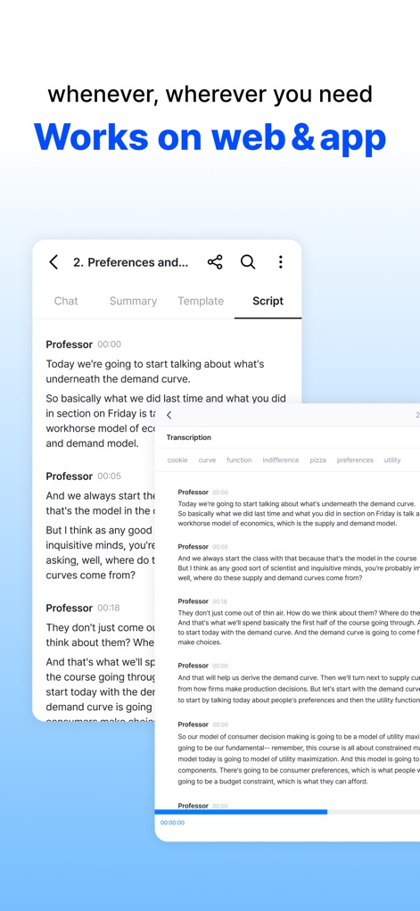 daglo, All-in-one AI - This tool ensures cross-platform 'Works on web & app' functionality, providing a detailed transcription script with timestamped text and a convenient search bar for quick navigation within the content.
