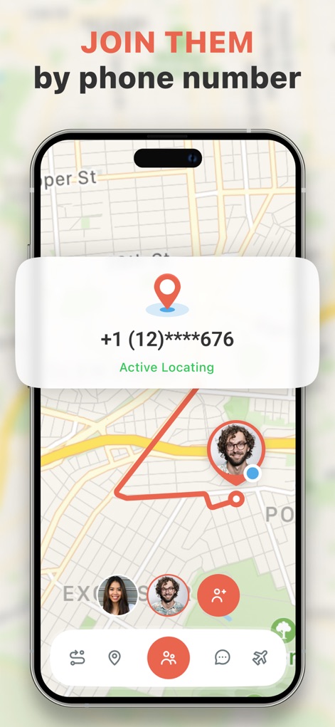 Find my Phone - Family Locator - Los usuarios pueden agregar fácilmente a otros miembros de la familia utilizando un pop-up con el número de teléfono, lo que activa el mensaje de "Active Locating" para su seguimiento.