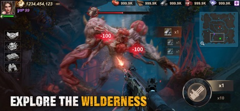 Doomsday: Last Survivors - Os jogadores enfrentam um monstro mutante com uma arma de fogo em primeira pessoa, destacando a ação intensa e o mapa tático no canto superior direito da tela.