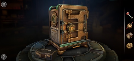 Boxes: Lost Fragments - O aplicativo exibe uma caixa de quebra-cabeça com uma estética steampunk metálica, detalhando seu mecanismo de travamento complexo e as engrenagens visíveis que sugerem sua funcionalidade intrincada.