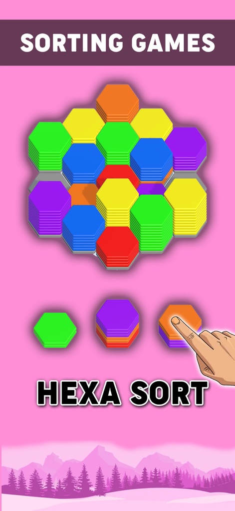 10000 Offline Games - No Wifi - Questo visivo illustra il gioco "Hexa Sort" (X), mostrando un cluster di tessere esagonali colorate e un dito che ne sposta una (Y), sottolineando la meccanica di ordinamento visivamente gratificante.