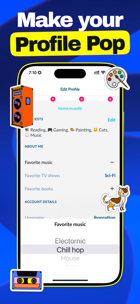 Olive - Make New Friends - Users can customize their digital identity through an intuitive 'Edit Profile' screen, adding diverse interests and personal details to attract like-minded friends.