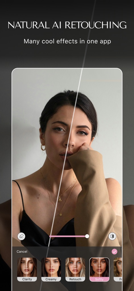 MalibooMake - Witness the app's advanced AI retouching capabilities, demonstrating a subtle 'Softly' filter and an intuitive intensity slider for personalized enhancements.