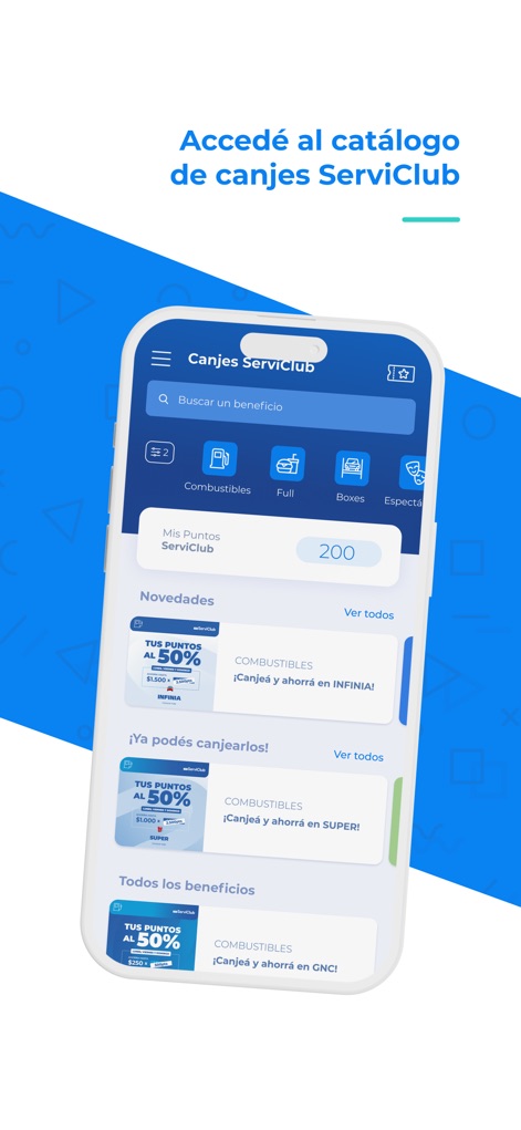 YPF App - Los usuarios pueden explorar un amplio catálogo de canjes, organizado con filtros por categoría de beneficios como combustibles y productos Full, lo que simplifica la búsqueda y redención de puntos.