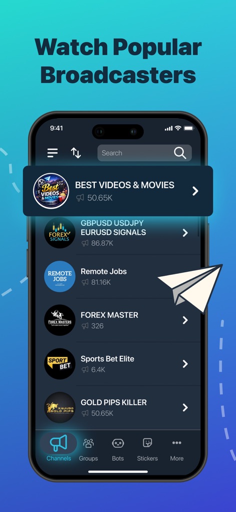 Telegram Channel Hub Group App - Los usuarios pueden navegar por una lista de canales populares, incluyendo "BEST VIDEOS & MOVIES" y "GBPUSD USDJPY EURUSD SIGNALS", observando el recuento de suscriptores para evaluar su relevancia.