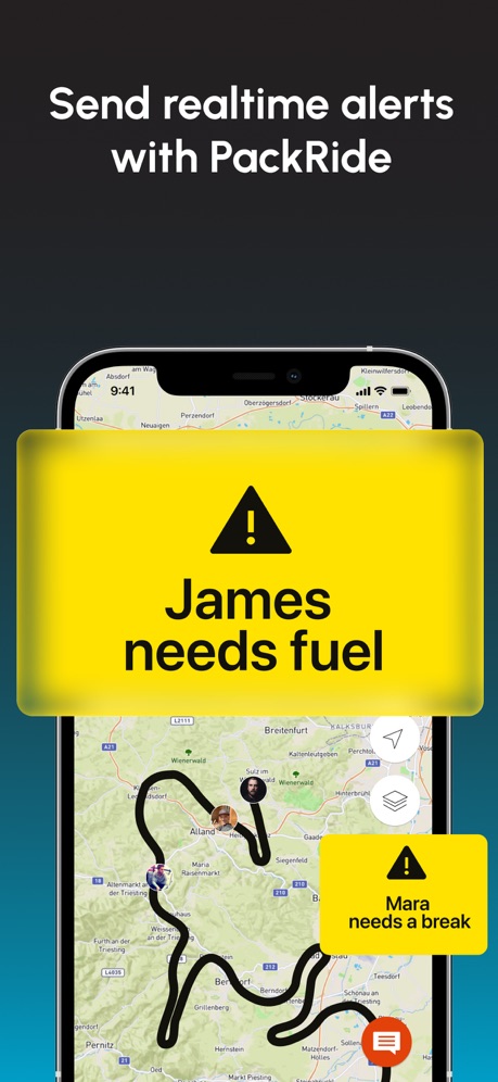 Cardo Ride - Motorcycle App App Store screenshot 5, headline “Send realtime alerts with PackRide”. Yellow.