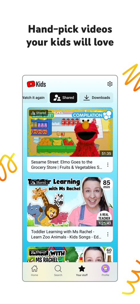 YouTube Kids - Esta vista destaca la función de contenido compartido, permitiendo a los padres organizar videos específicos que sus hijos puedan disfrutar, como demuestran las miniaturas detalladas de "Elmo Goes to the Grocery Store" o "Toddler Learning with Ms Rachel", accesibles a través de la pestaña "Shared".