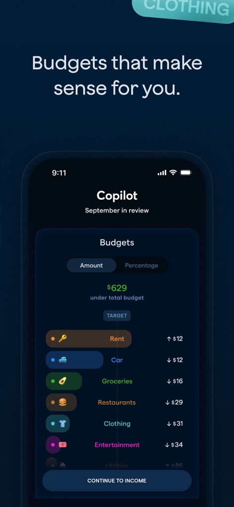 Copilot: Track & Budget Money - Users gain precise control over their spending with customizable budget categories like 'Rent' and 'Groceries', featuring clear progress indicators and adjustable amounts.