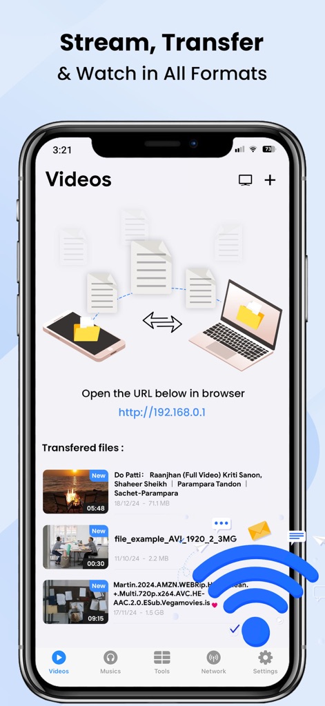 Video Player : All-in-One - The app simplifies media management with easy Wi-Fi transfer capabilities between devices and a clear list of all transferred files for quick access and organization.
