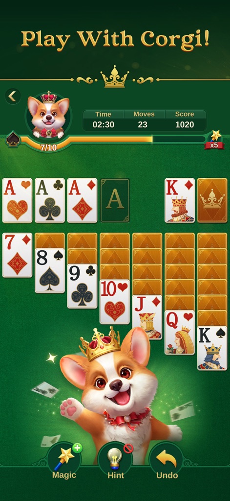 Jenny Solitaire - Card Games - Users can enjoy an interactive experience with the adorable corgi companion Jenny, who brings warmth and happiness to every game session, as highlighted by the 'Play With Corgi!' prompt.