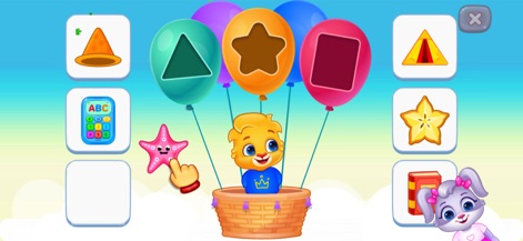 Colors & Shapes - Learn Color - This screenshot illustrates diverse object recognition, showing a hot air balloon floating amidst various items and a child's hand selecting a red starfish.