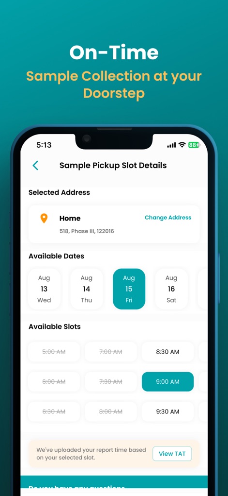Healthians - Full Body Checkup - Manage sample collection with ease, utilizing the intuitive interface to select preferred 'Available Dates' and specific 'Available Slots'.