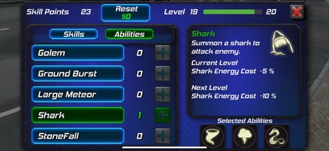Amazing Rope Police - The abilities menu highlights the "Shark" summoning skill with its energy cost, allowing players to manage skill points and upgrade their hero's unique powers.