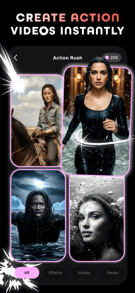 AI Maker: Photo Video Filters - See how this tool effortlessly creates dynamic action videos, presenting a gallery of diverse AI-generated scenes and immediate results for users.