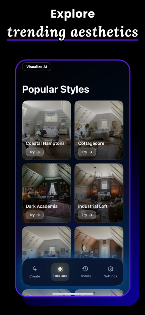 Visualize AI: Interior Design - Une vaste bibliothèque de 'Popular Styles' est disponible, présentant des options variées avec des vignettes distinctes comme 'Cottagecore' ou 'Dark Academia' pour inspirer chaque projet.