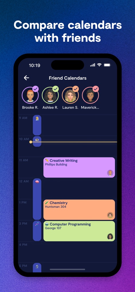 Saturn Calendar - Users can easily compare schedules with multiple friends represented by their avatars at the top and see their combined availability through color-coded timelines.