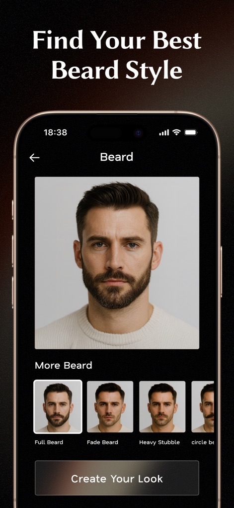 Glowify - AI Hairstyle Try On - Users can explore multiple beard style options from 'Full Beard' to 'Heavy Stubble', visualized through side-by-side style previews for confident decision-making.