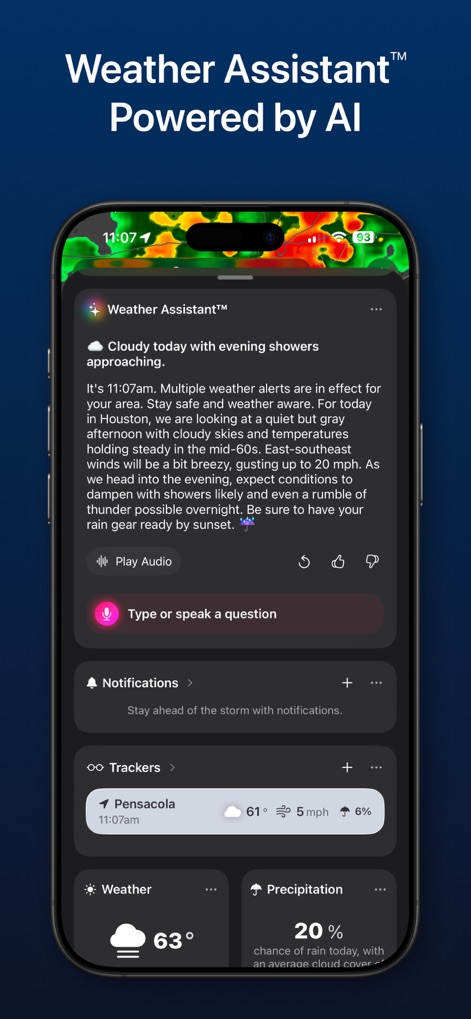 Storm Radar: Weather Tracker - The app features an AI Weather Assistant, providing personalized meteorological insights and an interactive 'Play Audio' option for spoken forecasts.