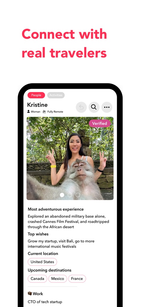 Nomad & Solo Travel－Fairytrail - This tool showcases comprehensive traveler profiles, highlighting the "Verified" badge for authenticity and detailed fields like "Upcoming destinations" to facilitate connections.