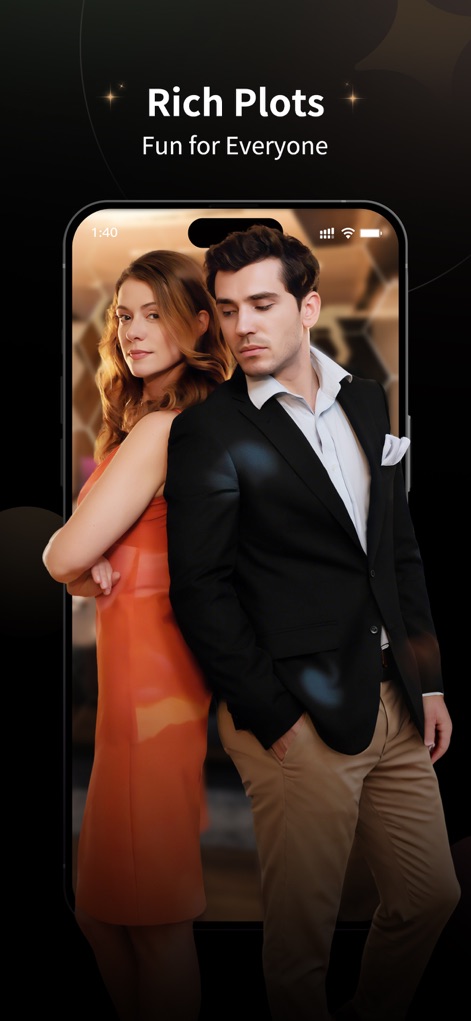 MoboShort - Dramas & Movies - L'app evidenzia "Rich Plots" (trame ricche) (X) attraverso copertine suggestive che ritraggono protagonisti in situazioni intense (Y), promettendo storie profonde e intrattenimento per tutti.