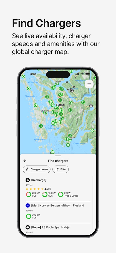 A Better Routeplanner (ABRP) - Nutzer können alle verfügbaren Ladestationen auf einer interaktiven Karte erkunden und erhalten in der detaillierten Liste Informationen zu Ladeleistung und Nutzerbewertungen.