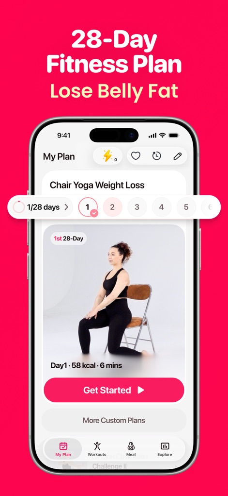 LazyFit: Workout For Beginners - Dieser Screenshot zeigt den personalisierten 28-Tage-Trainingsplan der App, inklusive der Option "Chair Yoga Weight Loss" und dem Fortschritt der ersten von 28 Tagen.