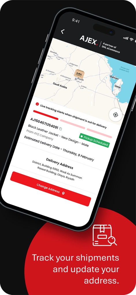 AJEX ايجكس - This screen empowers users to refine their delivery experience by displaying the estimated delivery date within a map view and offering a convenient 'Change Address' option.